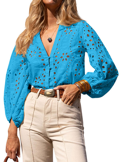 ✨Womens Summer Deep V Neck Eyelet Blouses Casual 3/4 Balloon Sleeve Button Down Shirts