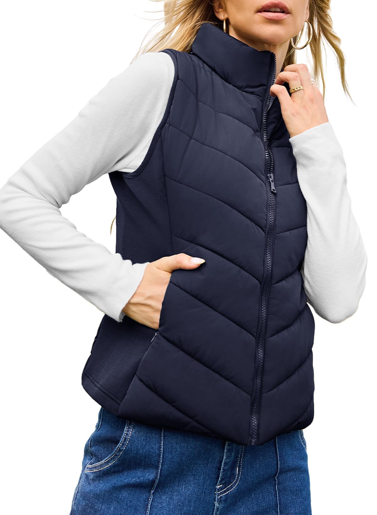 ⏰Hot Sale-Womens Sleeveless Zip Up Outerwear Stand Collar Quilted Puffer Vest