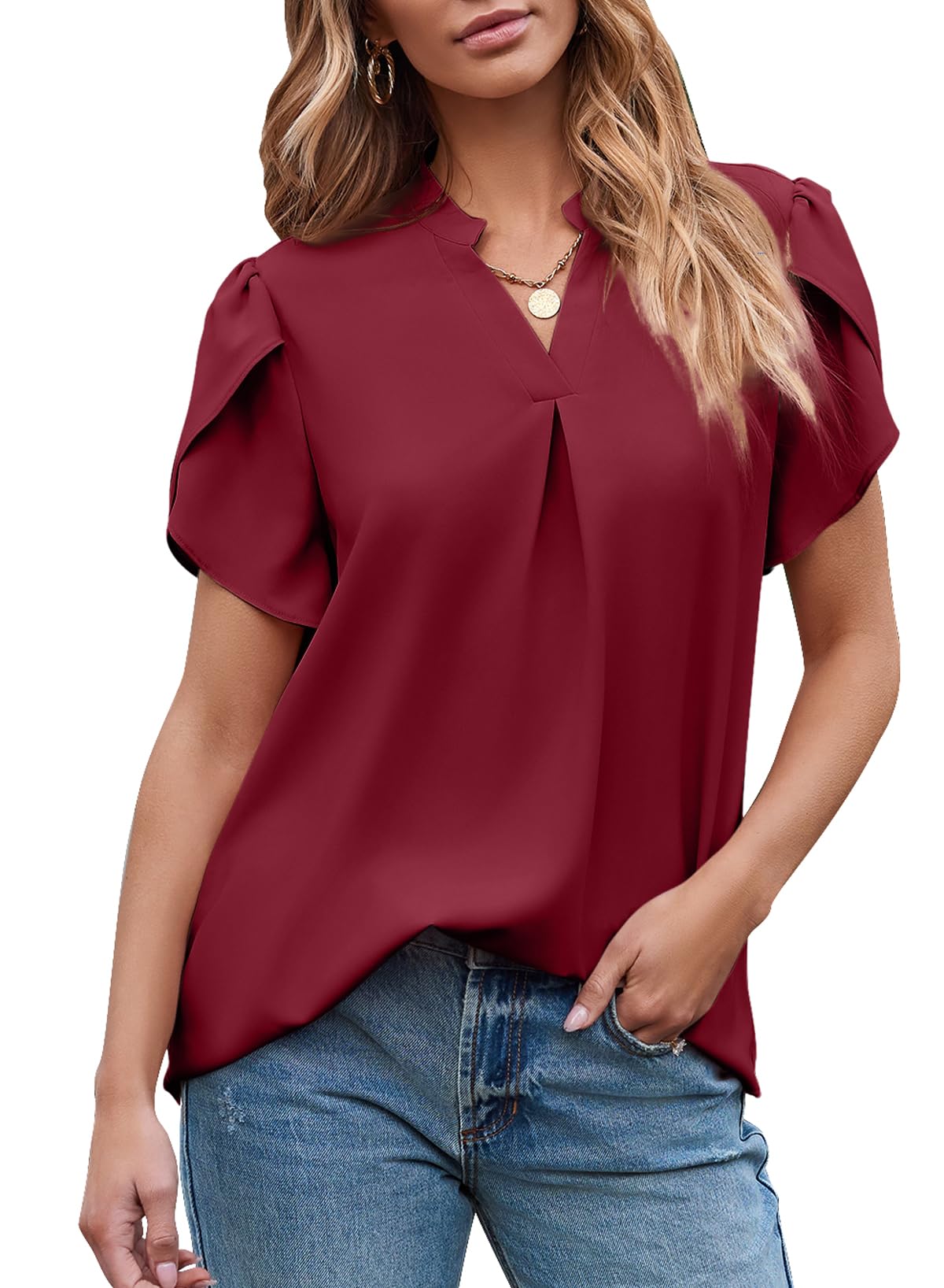 ✨Women's Dressy Casual V Neck Cute Loose Petal Short Sleeve T-Shirts