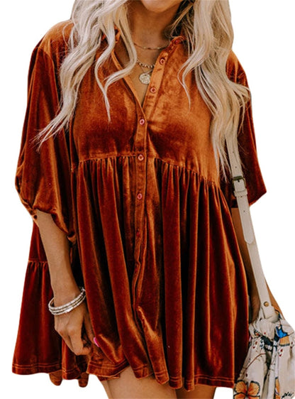 💥Womens Velvet Dress Button Down T Shirt 3/4 Sleeve Tunic Tops