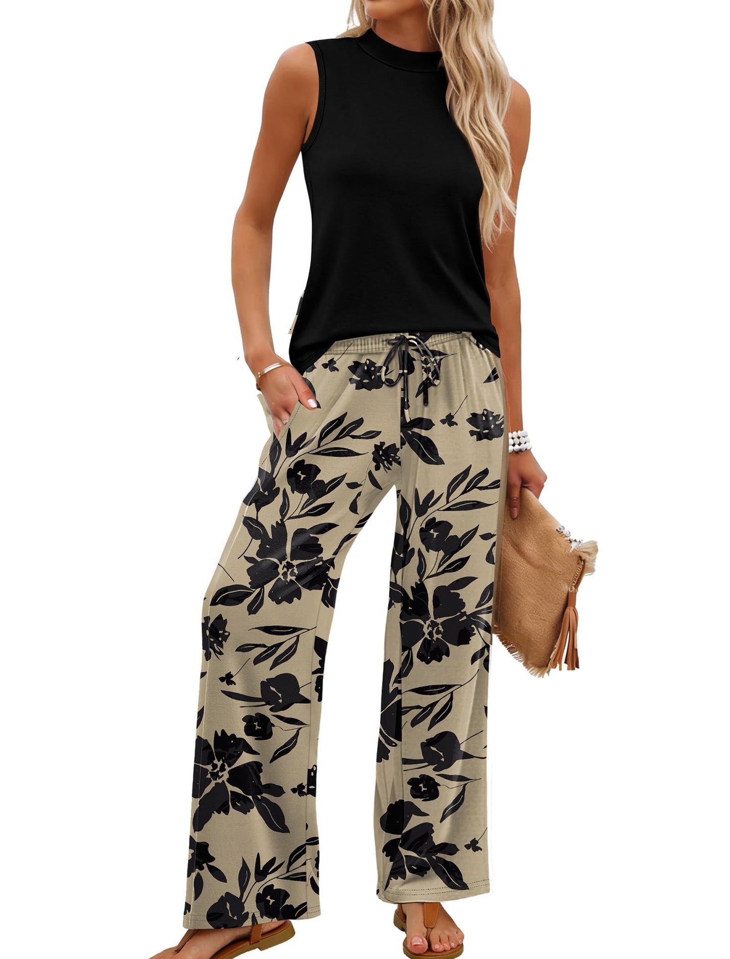 Women's Mock Neck Tank & Floral Wide Leg Pants Set