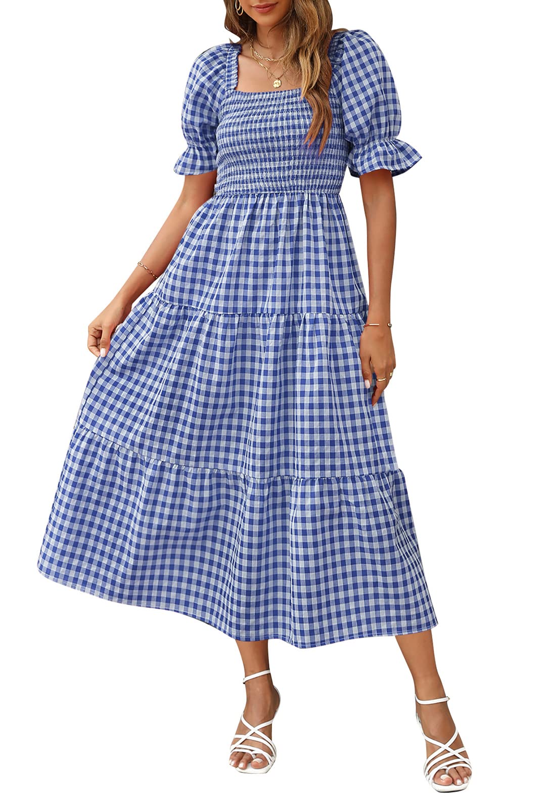 ✨Women's 2025 Summer Plaid Tiered Square Neck Puff Sleeve Ruffle Flowy Midi Dress