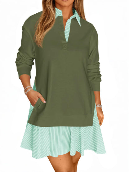 Limited time sale🔥Women's Oversized Collared V Neck Patchwork Sweatshirt Dress