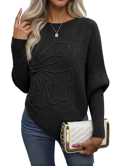 Women's Crew Neck Elegant Floral Pattern Batwing Sleeve Sweaters