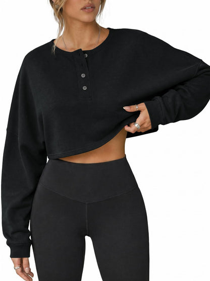 Womens Long Sleeve Cropped Henley Neck Sweatshirts