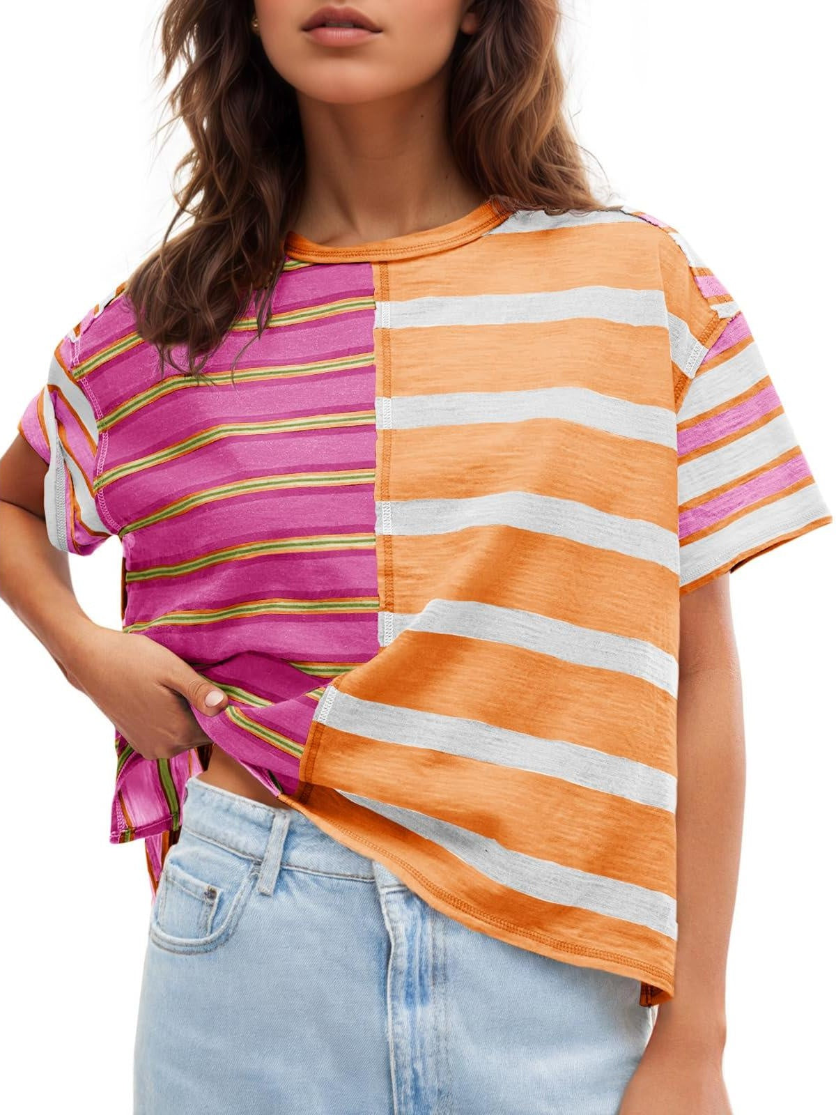 Women's Color Block Striped Crew Neck Short Sleeve T-Shirt