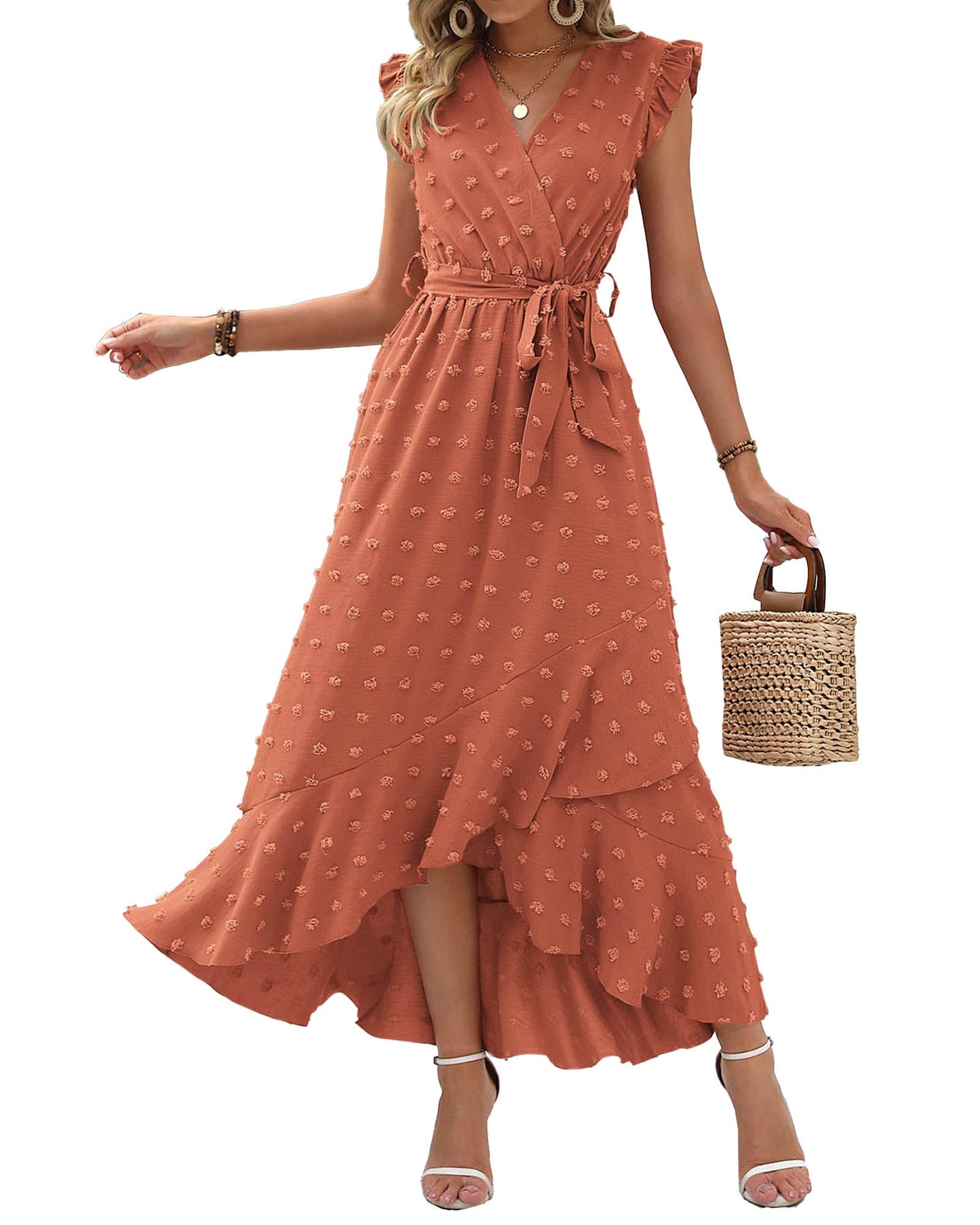 ✨Women's V Neck Cap Sleeve Swiss Dot Boho Flowy Ruffle Slit Long Maxi Dresses