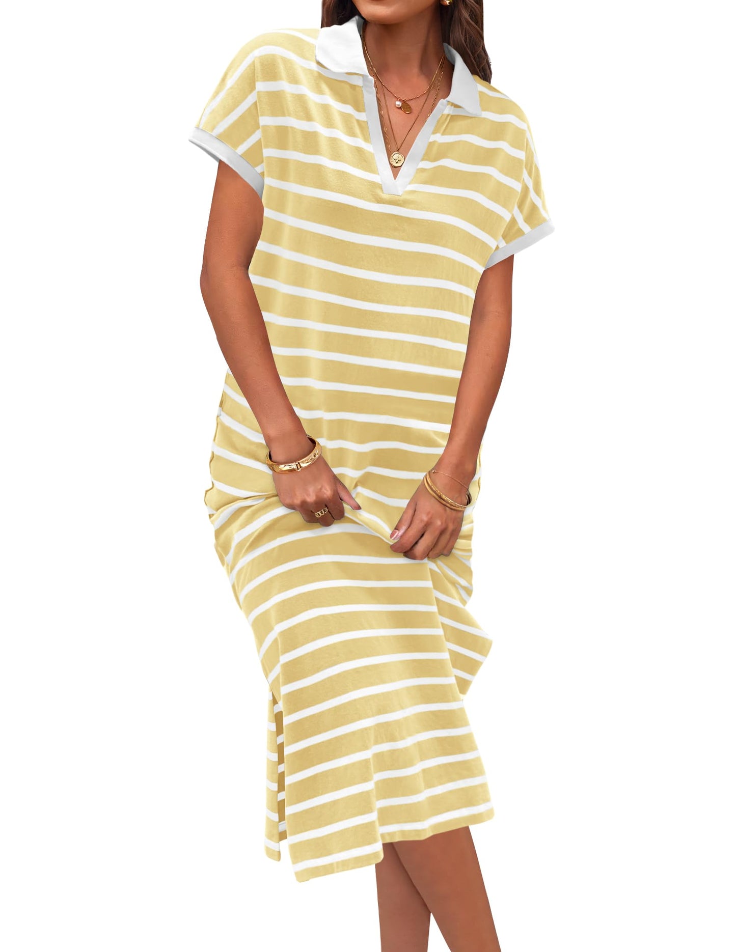 Women's V Neck Side Slit Striped Maxi Dress