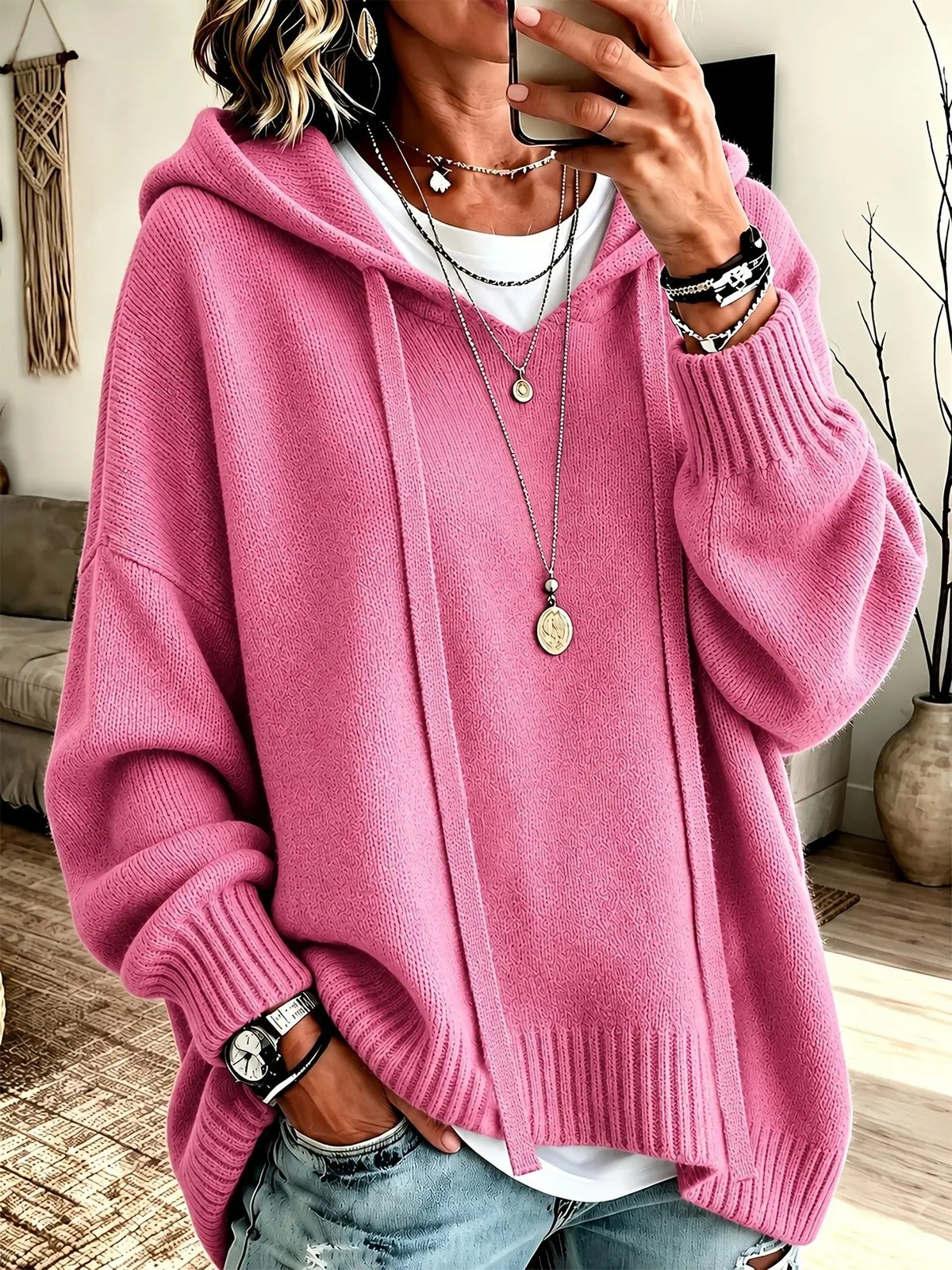 Vintage Oversized Casual Dropped Shoulder Lantern Sleeve Hooded Sweater