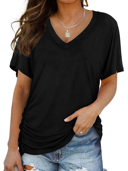 Women's Short Sleeve V Neck Dolman Tops with Side Shirring