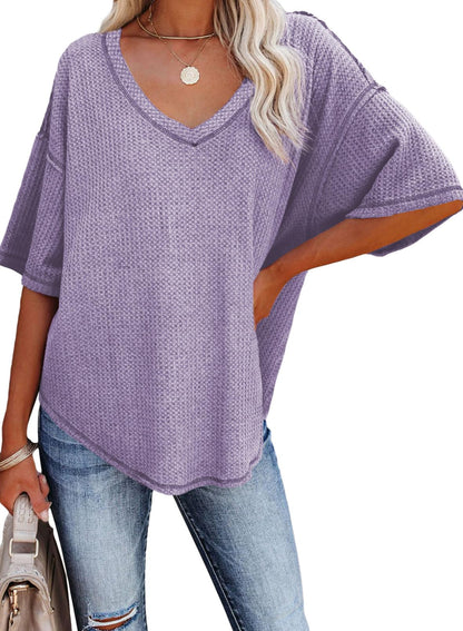✨Women's Causual V Neck Short Sleeve Shirts Waffle Knit Loose Tunic Tops