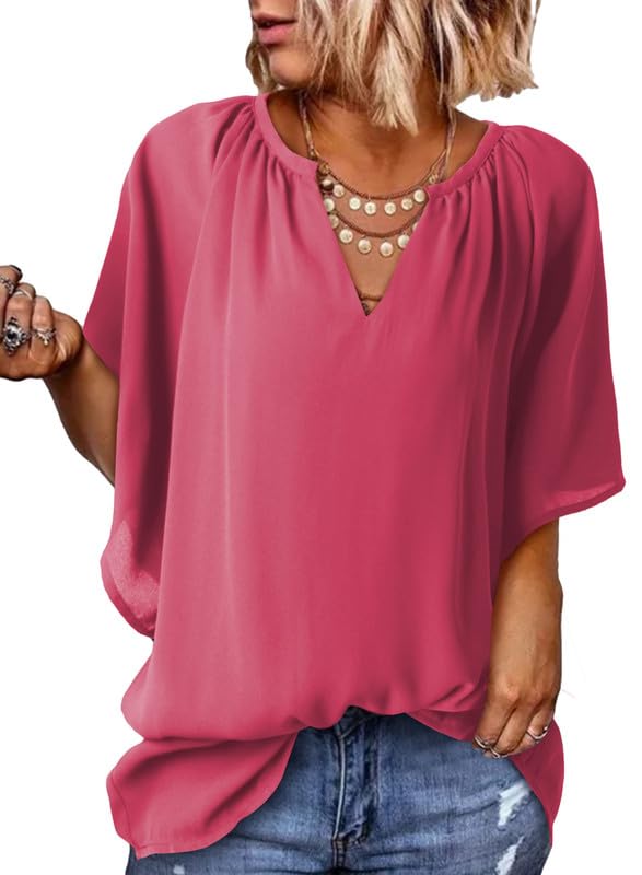 ✨ New Women's V Neck 3/4 Batwing Sleeve Blouse Pleated Flowy Tunic Tops