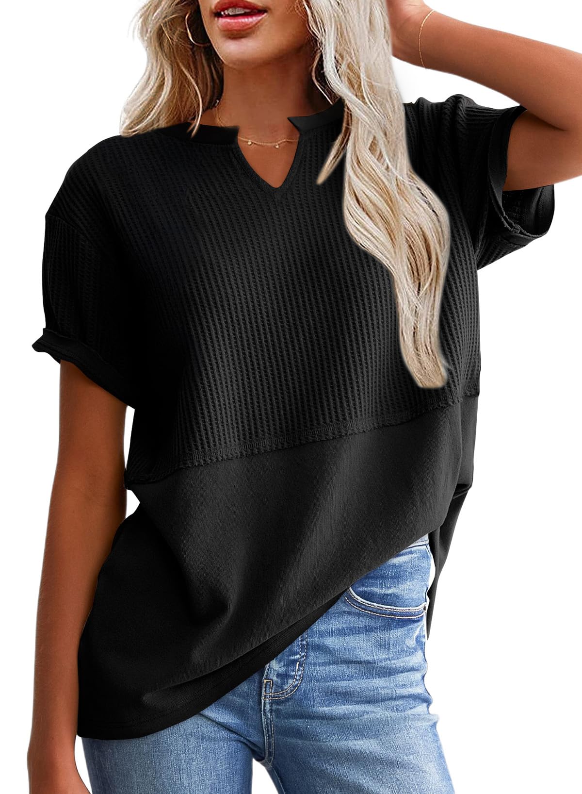 ✨Women's Casual V Neck Waffle Knit Tops Short Sleeve T Shirts
