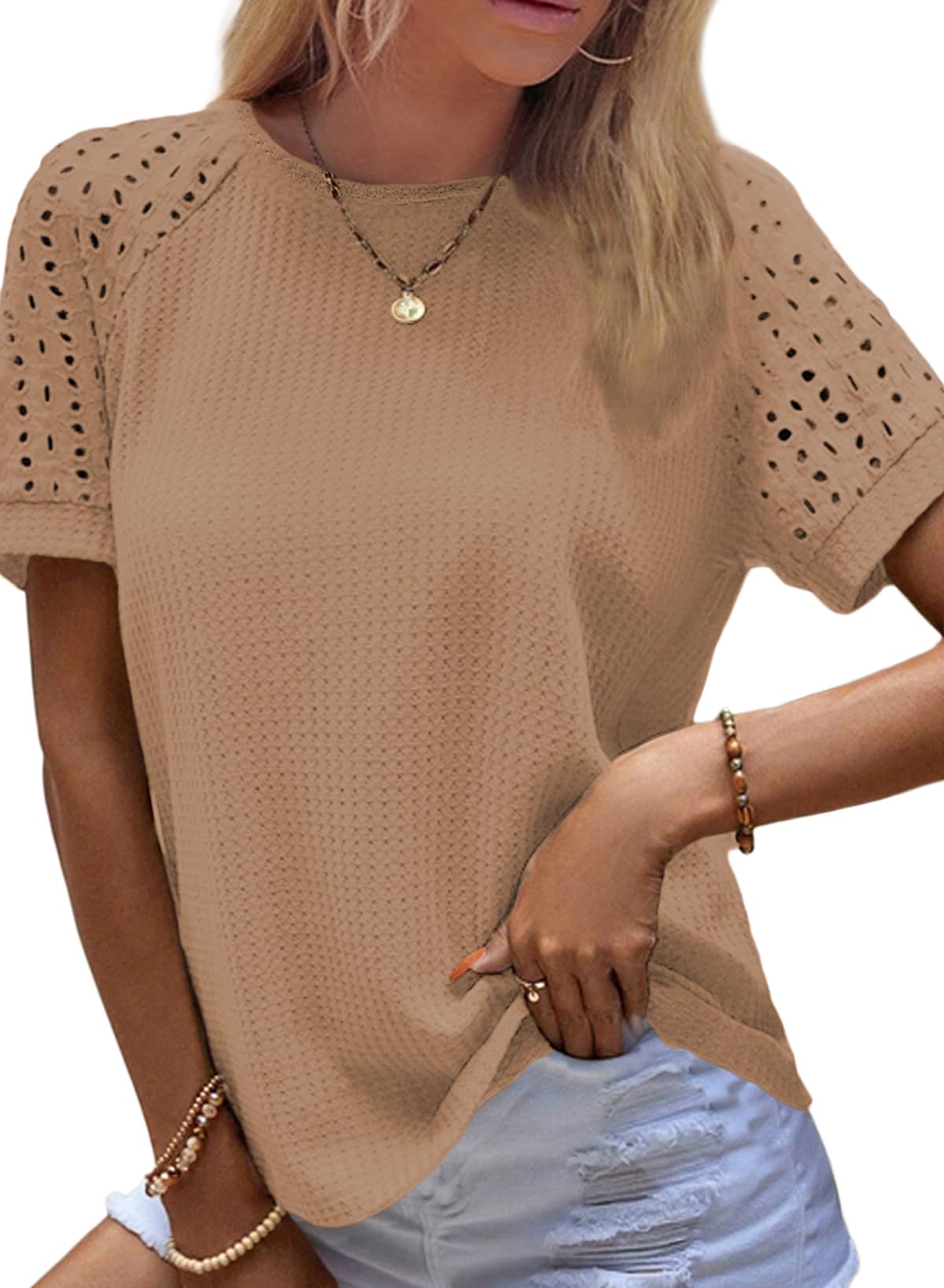 ✨Women's Casual Crew Neck Hollow Out Raglan Short Sleeve Waffle Knit Tops