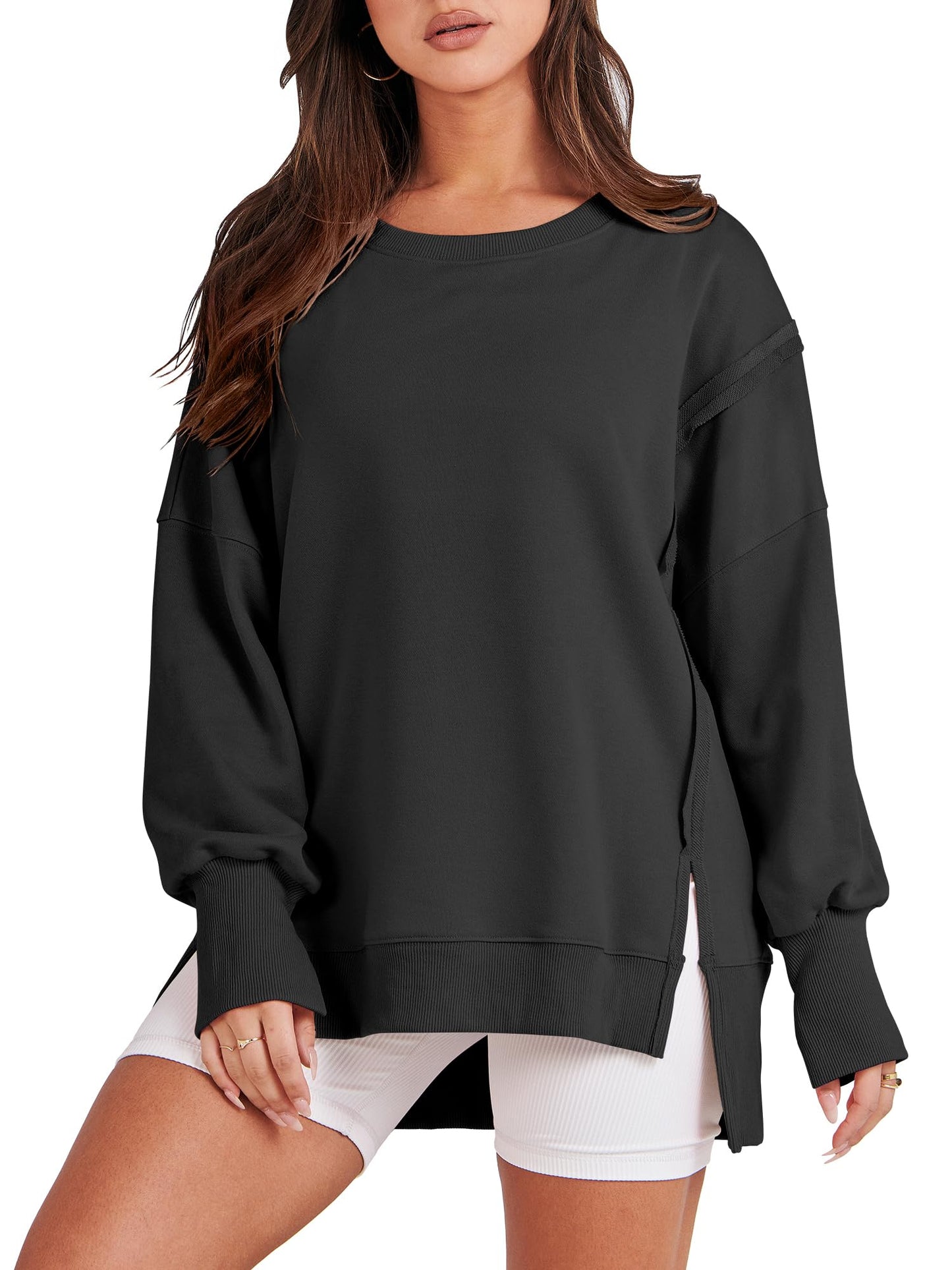 ✨ Women's Oversized Crew Neck Sweatshirt Slit Pullover