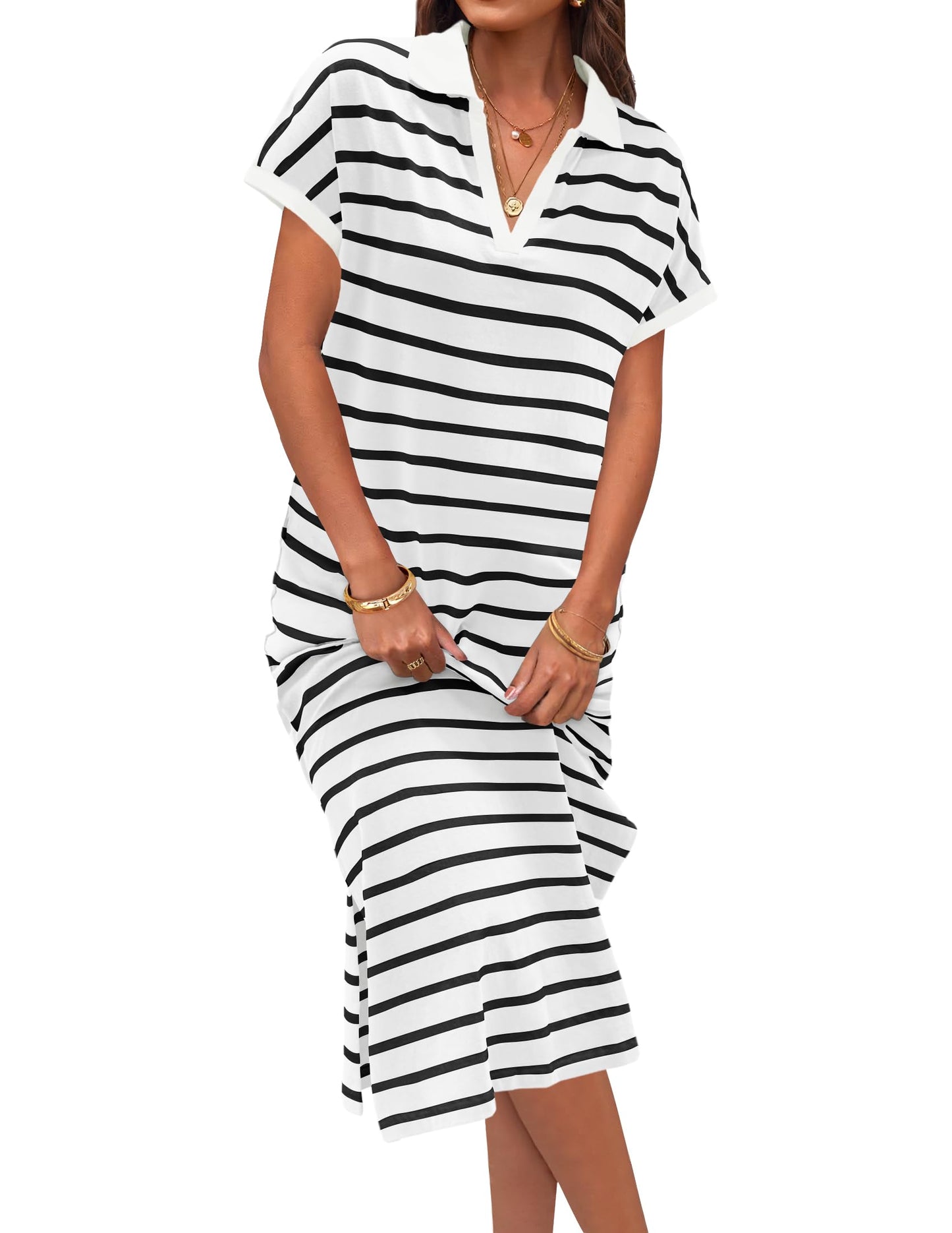 Women's V Neck Side Slit Striped Maxi Dress