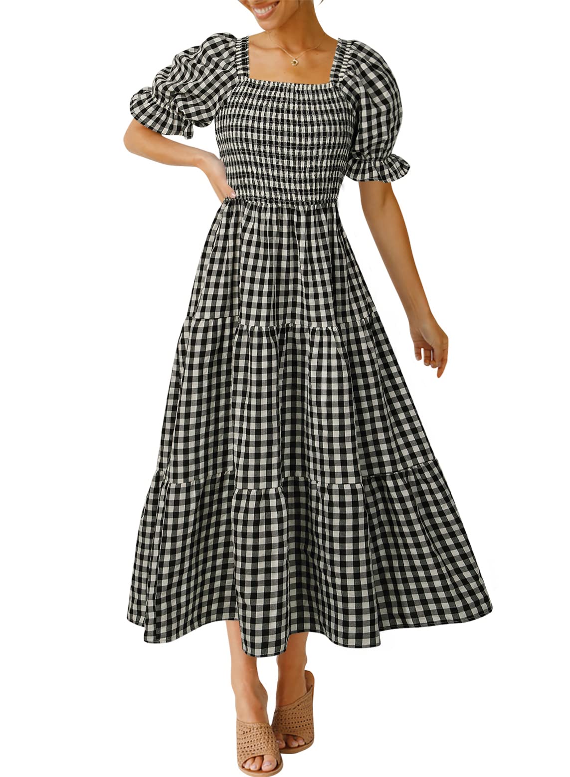 ✨Women's 2025 Summer Plaid Tiered Square Neck Puff Sleeve Ruffle Flowy Midi Dress