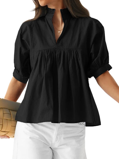 ✨ Women's Puff Sleeve V Neck Casual Pleated Tops