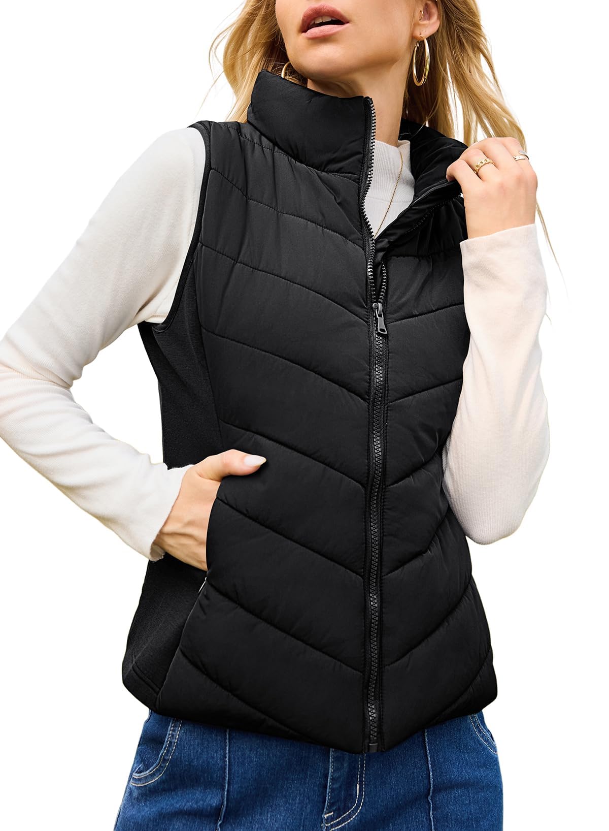 ✨Womens Sleeveless Zip Up Outerwear Stand Collar Quilted Puffer Vest