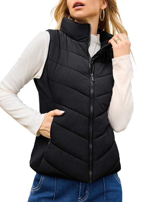 ⏰Hot Sale-Womens Sleeveless Zip Up Outerwear Stand Collar Quilted Puffer Vest