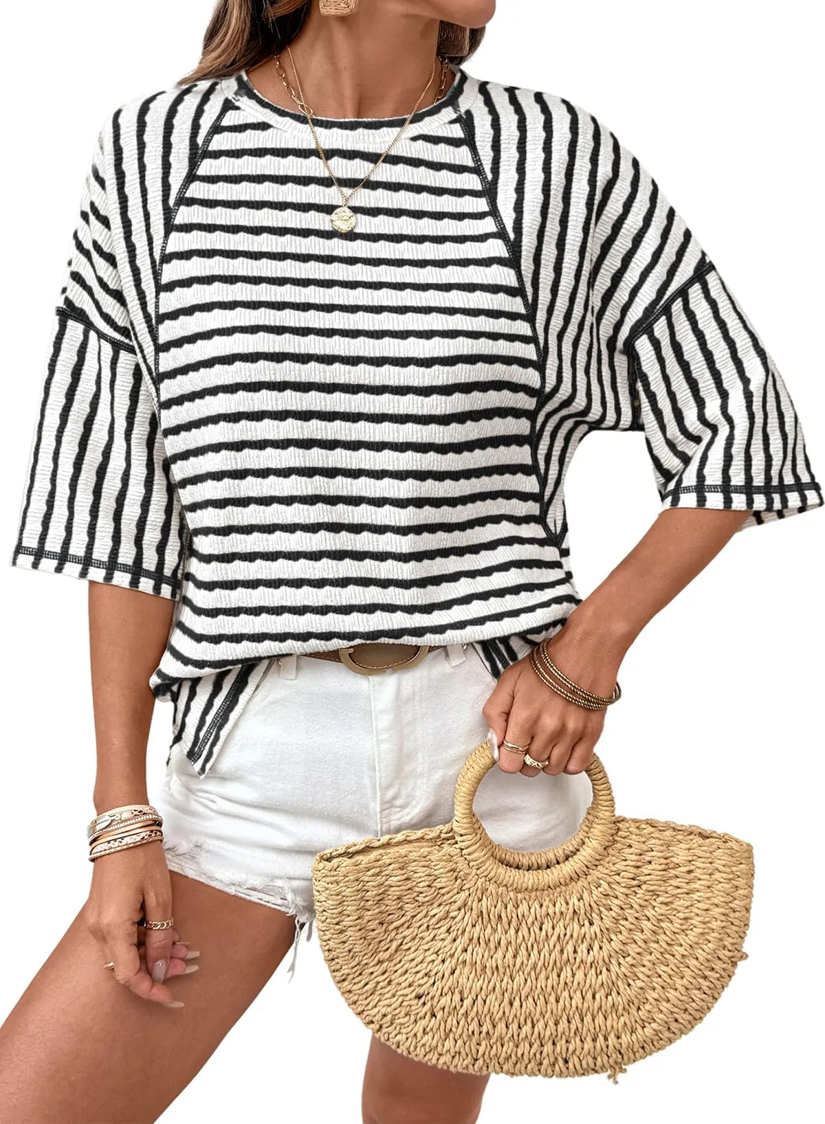 Women Stripe Textured Knit Split Hem Top
