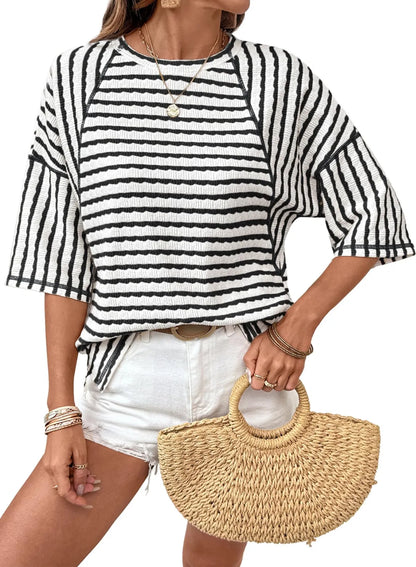 Women Stripe Textured Knit Split Hem Top