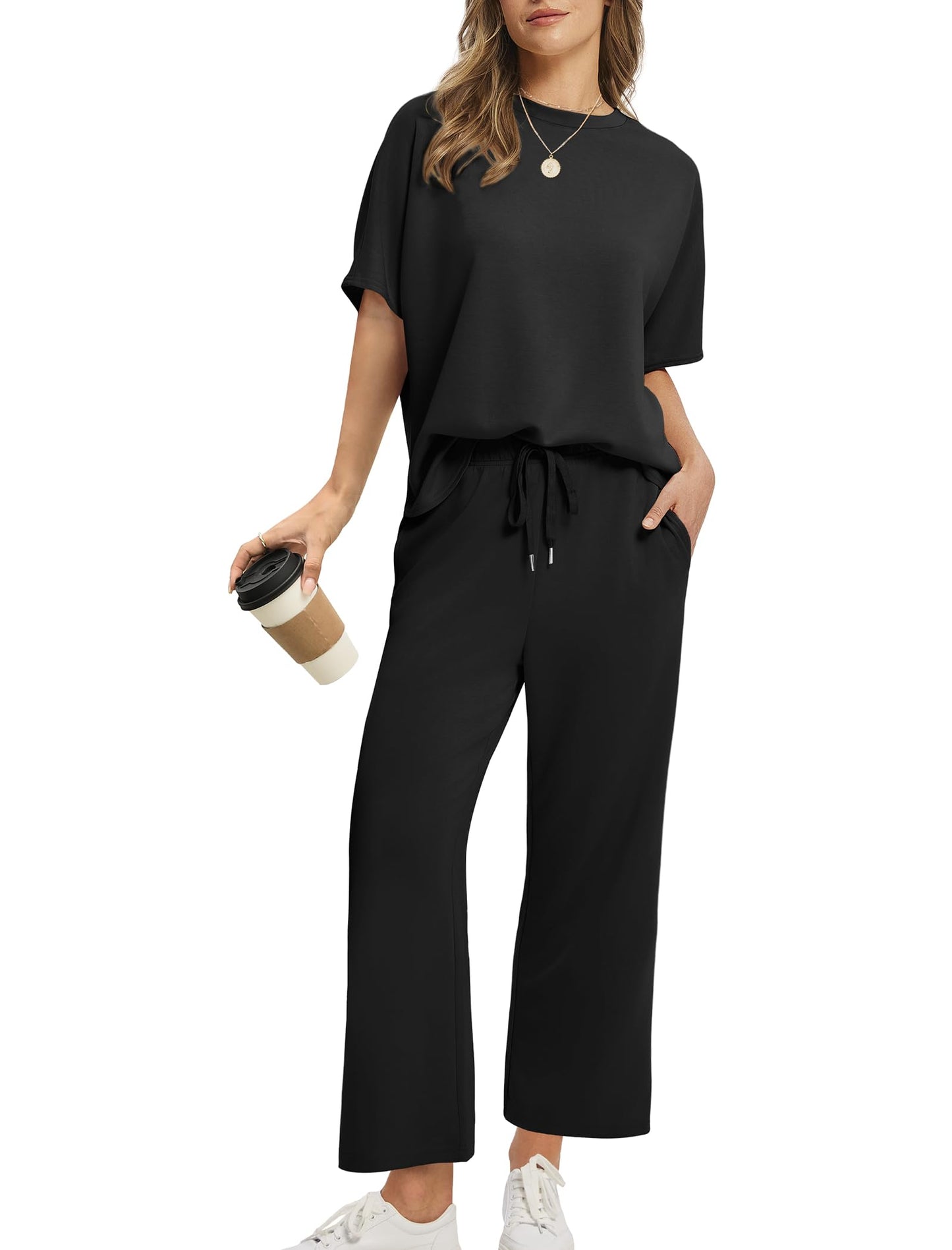 Women Oversized Tshirt and Wide Leg Crop Pants 2 Piece Sets