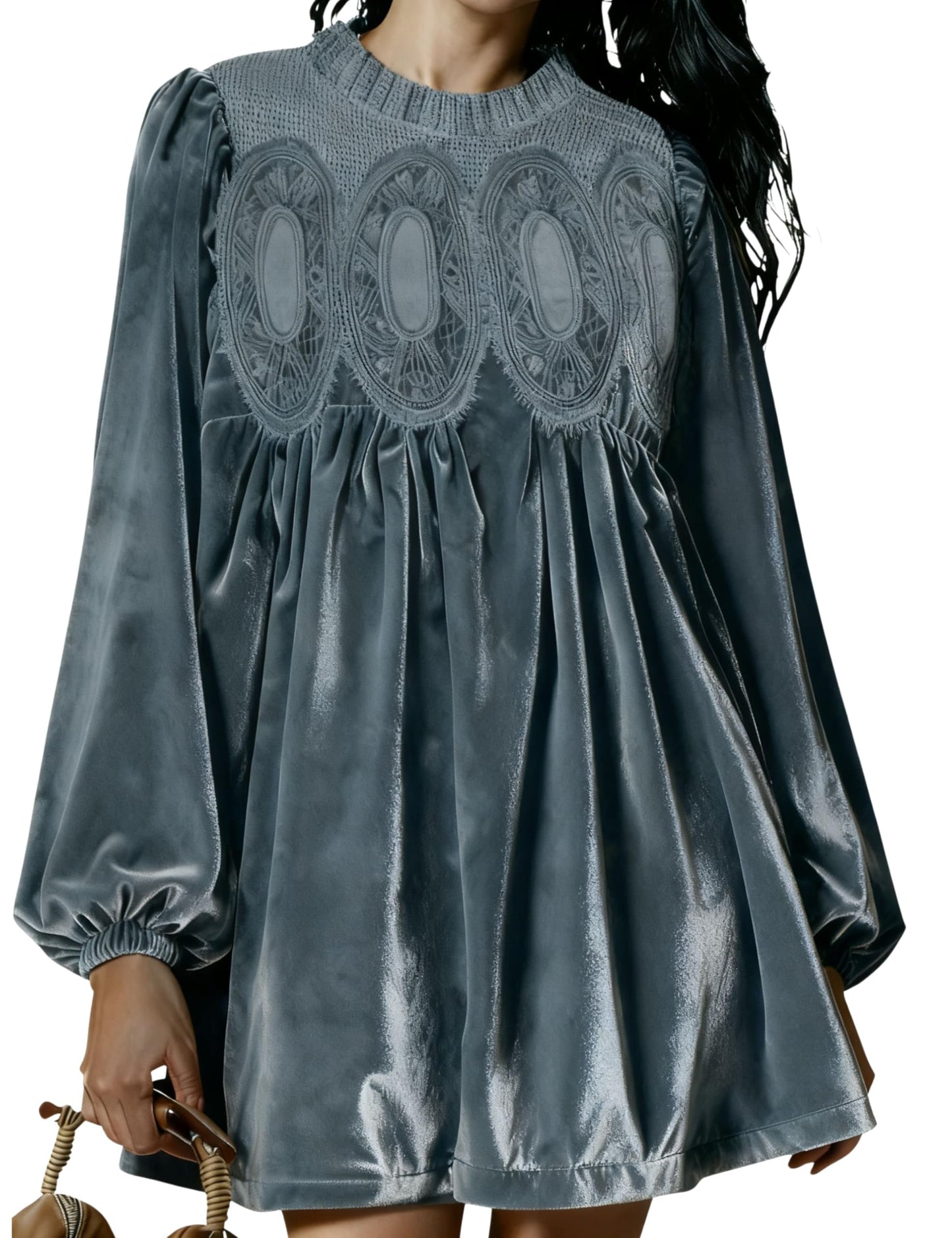⏰Hot Sale-Womens A-Line Velvet Lace Overall Pleated Babydoll Mini Dress