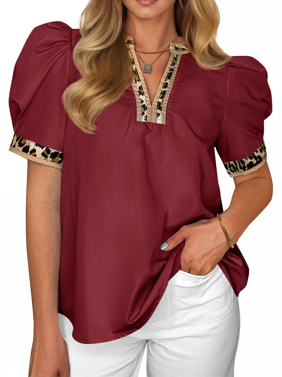 ⏰Hot Sale-Womens Leopard V Neck Color Block Puff Sleeve Tops