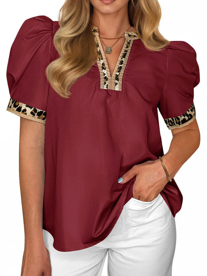 ⏰Hot Sale-Womens Leopard V Neck Color Block Puff Sleeve Tops