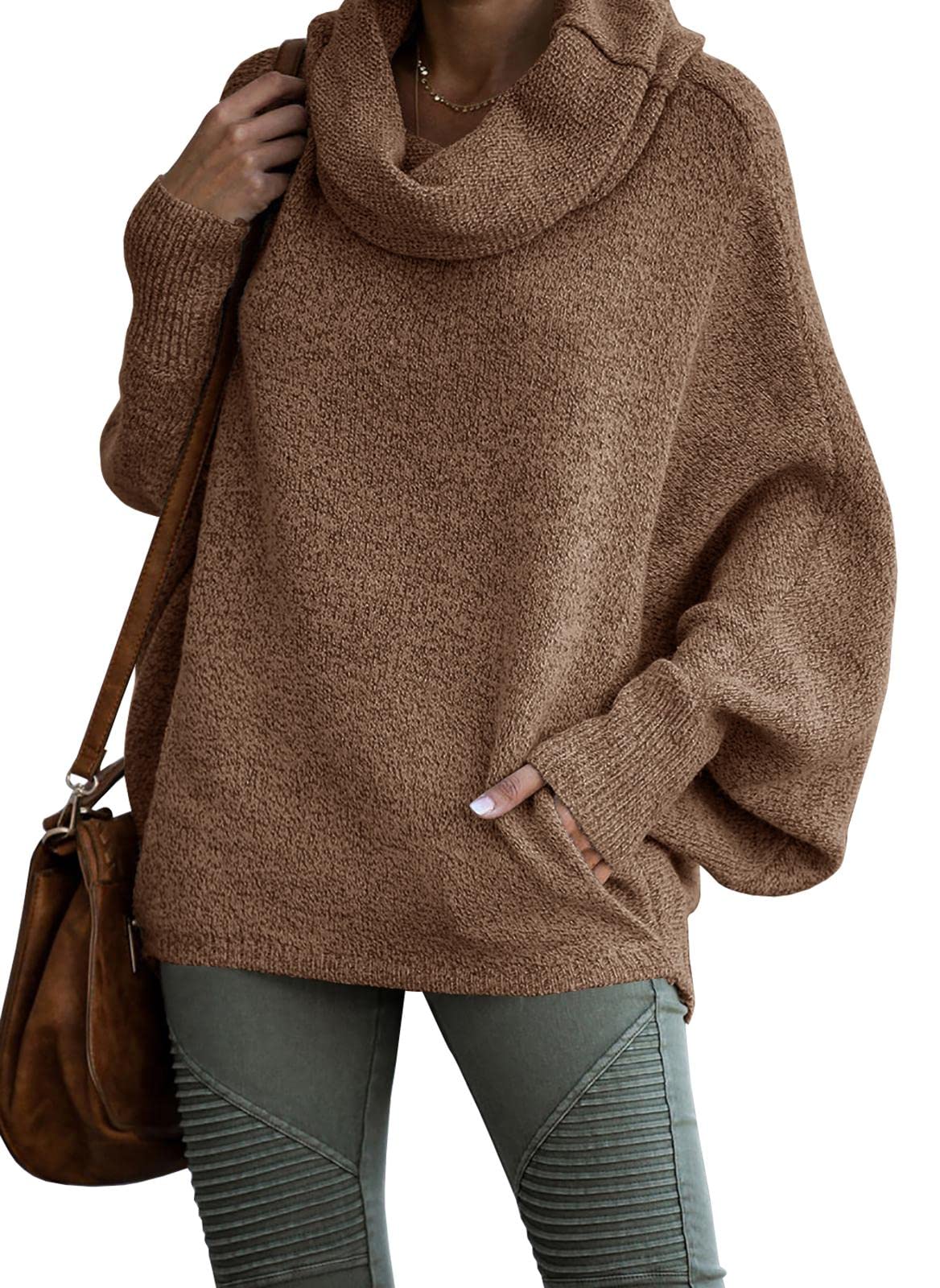 Women's Cowl Neck Batwing Sleeve Pullover Sweater with Pockets(50% OFF)