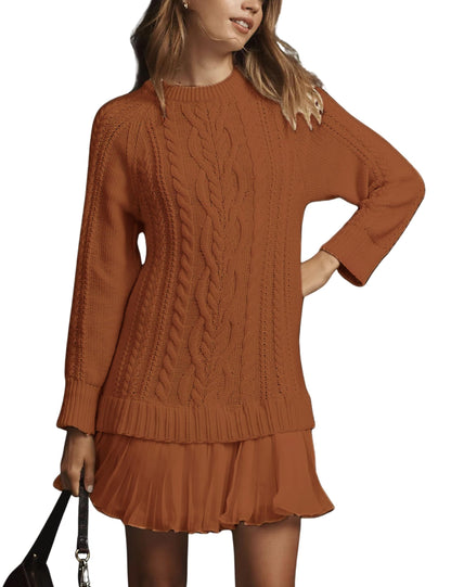 ✨Women Crewneck Cable Knit Sweater Mini Dress