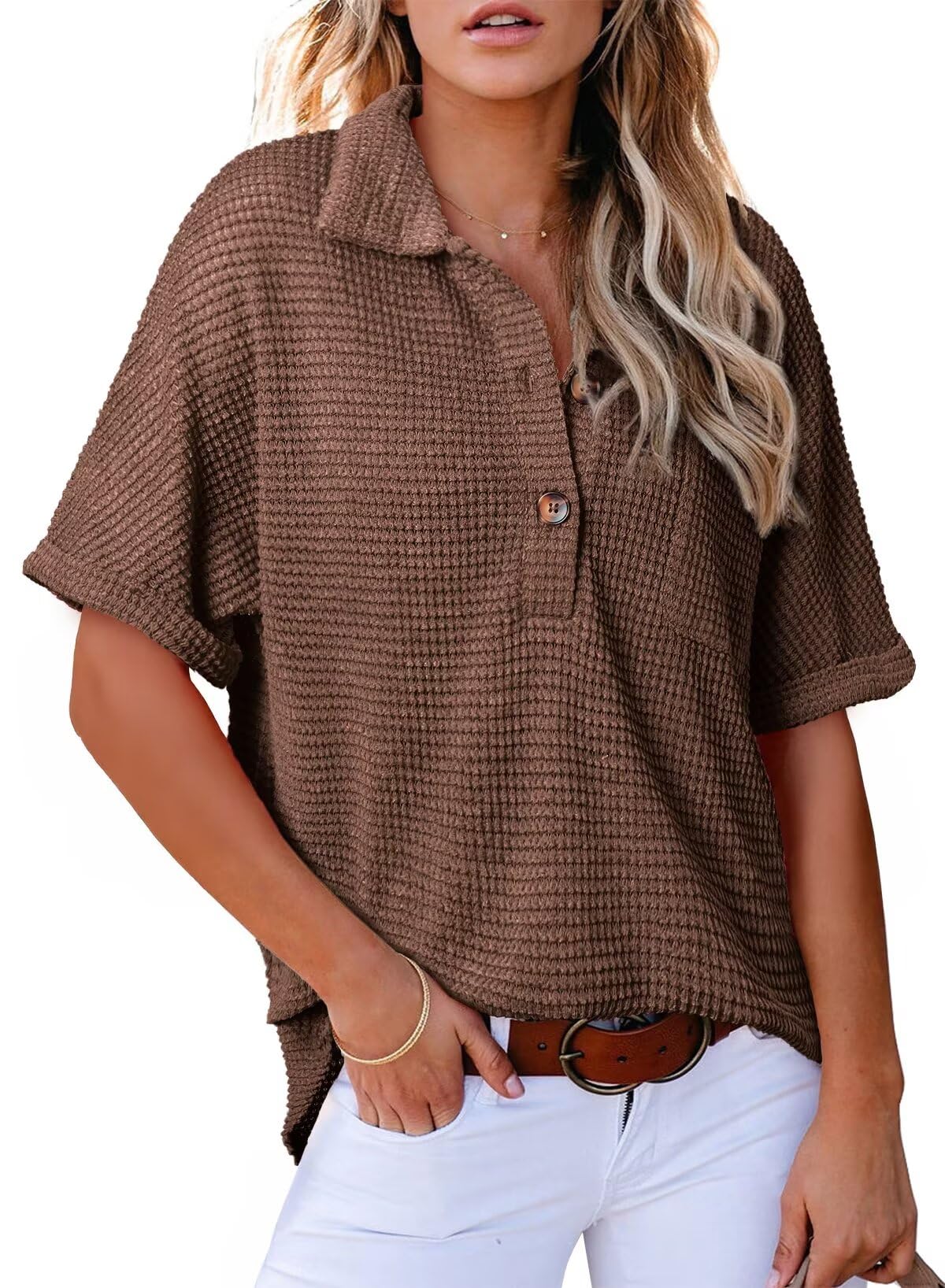 ✨2025 New Women's Waffle Knit Short Sleeve Tunic Henley Shirts