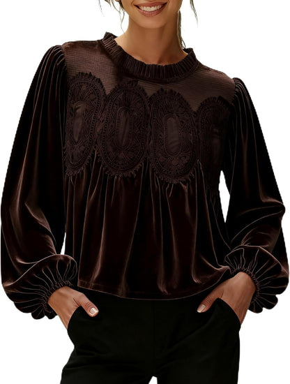 ⏰Hot Sale-Women's Long Sleeve Velvet Trim Lace Blouse Elegant Flared Swing Top