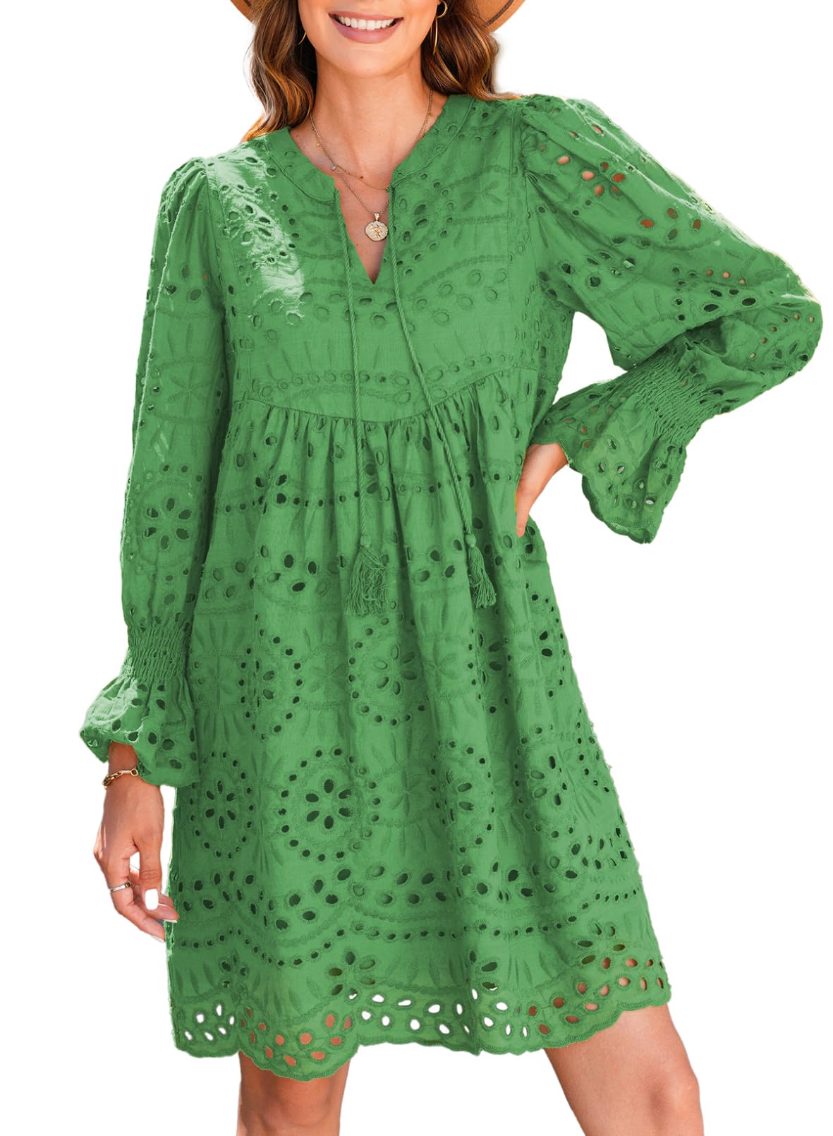 Womens V Neck Long Sleeve Hollow Out Lace Ruffle Dresses