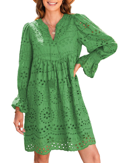 Womens V Neck Long Sleeve Hollow Out Lace Ruffle Dresses