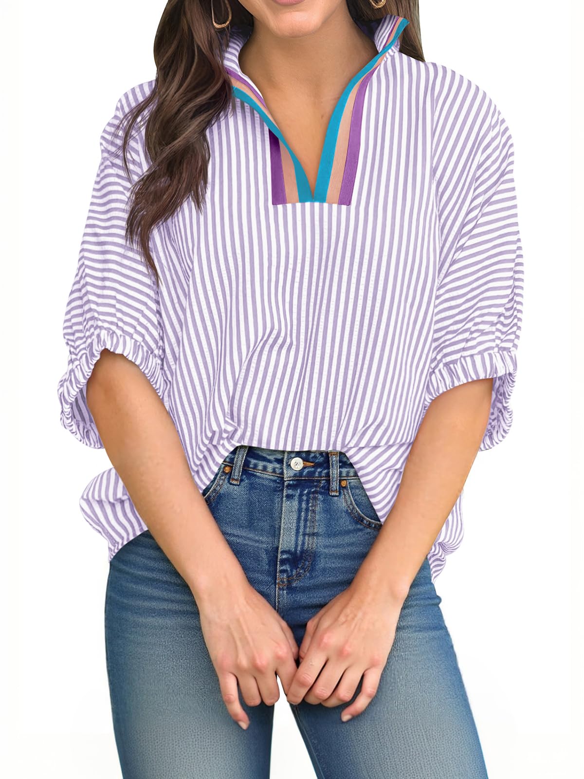 Womens V Neck Striped Blouse Oversized Dolman Sleeve Tops