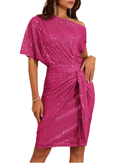 ✨Women's Sequin Sparkly Glitter One Shoulder Ruched Bodycon Dress(Last day 50% OFF!!!)
