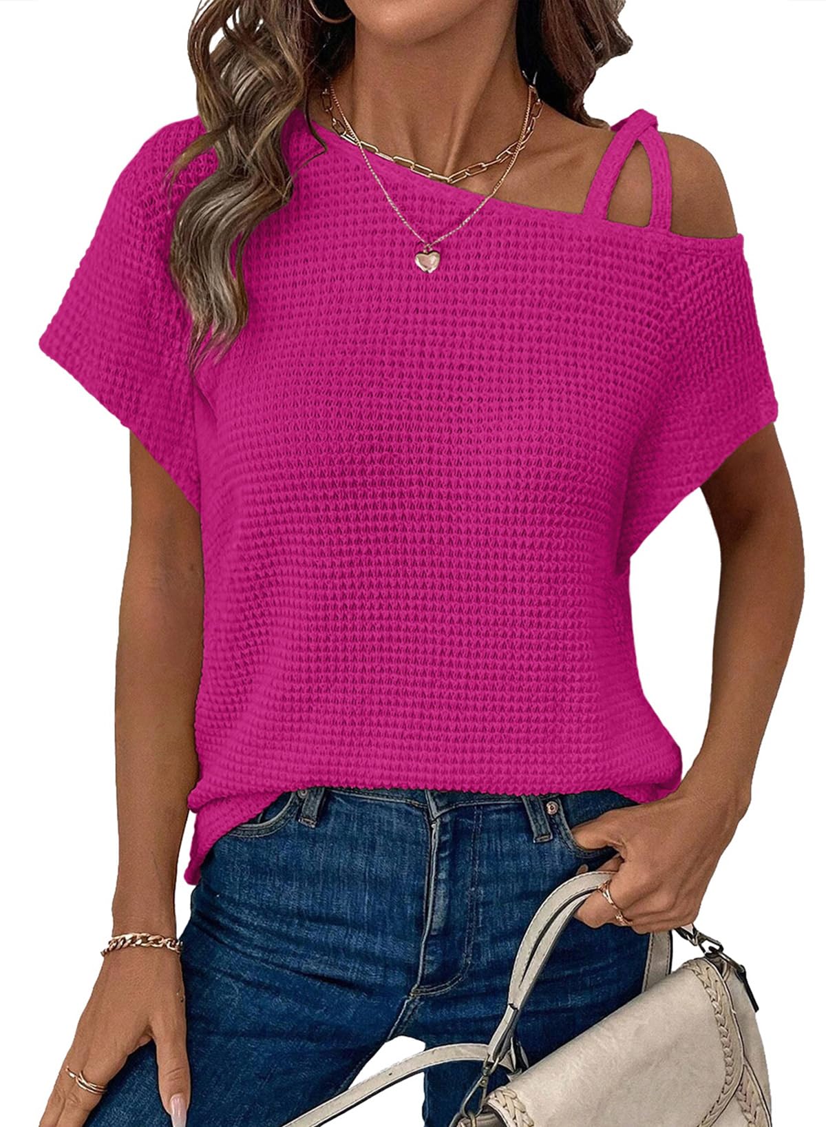 ✨Women's Off One Shoulder Waffle Knit Short Sleeve T-Shirts