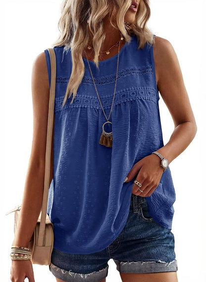 Womens Crewneck Sleeveless Flowy Lace Hem Tank Tops