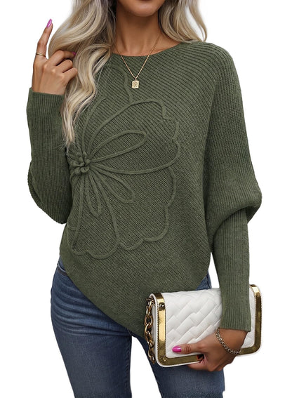 Women's Crew Neck Elegant Floral Pattern Batwing Sleeve Sweaters