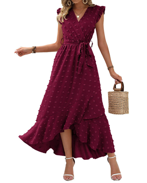✨Women's V Neck Cap Sleeve Swiss Dot Boho Flowy Ruffle Slit Long Maxi Dresses