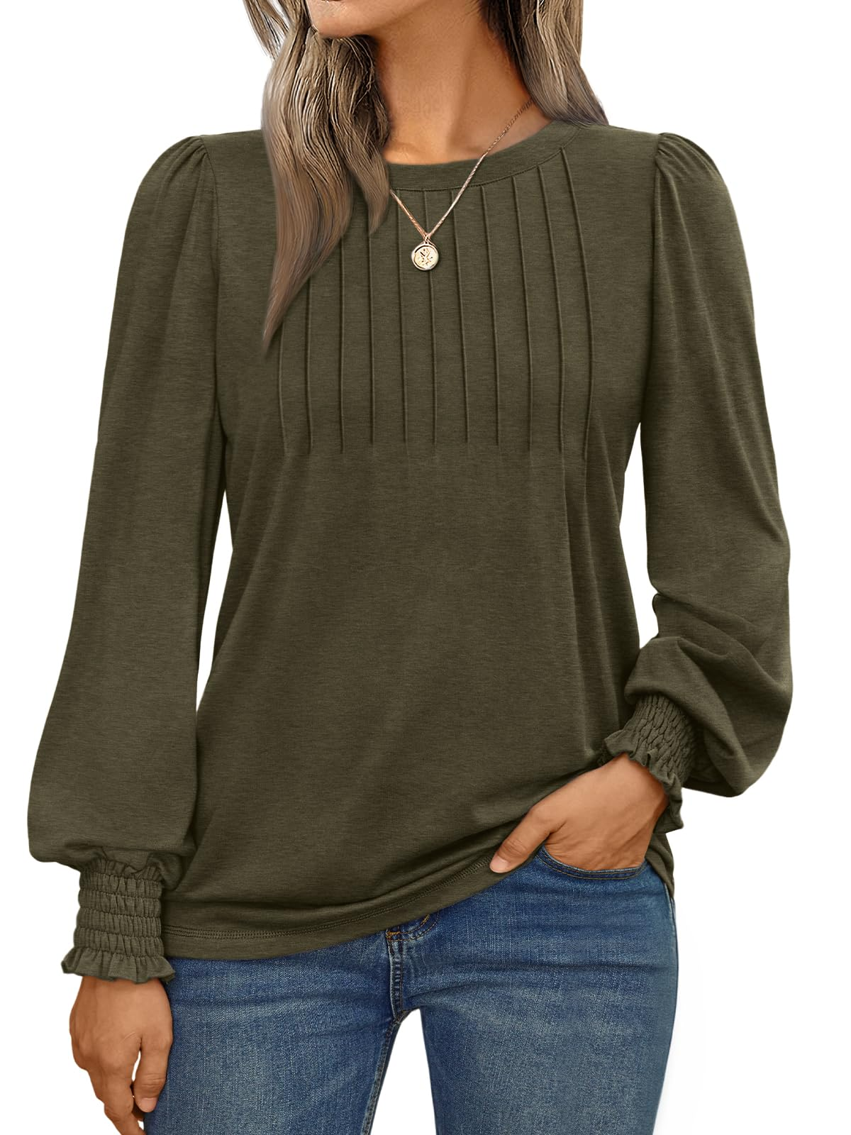Long Sleeve Shirts Womens Pleated Business Casual Blouses
