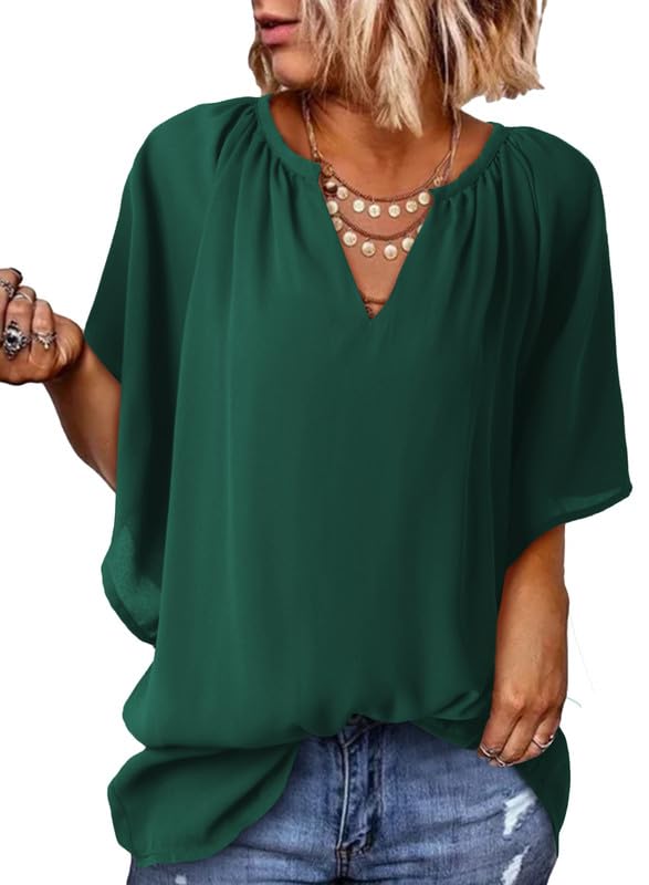 ✨ New Women's V Neck 3/4 Batwing Sleeve Blouse Pleated Flowy Tunic Tops