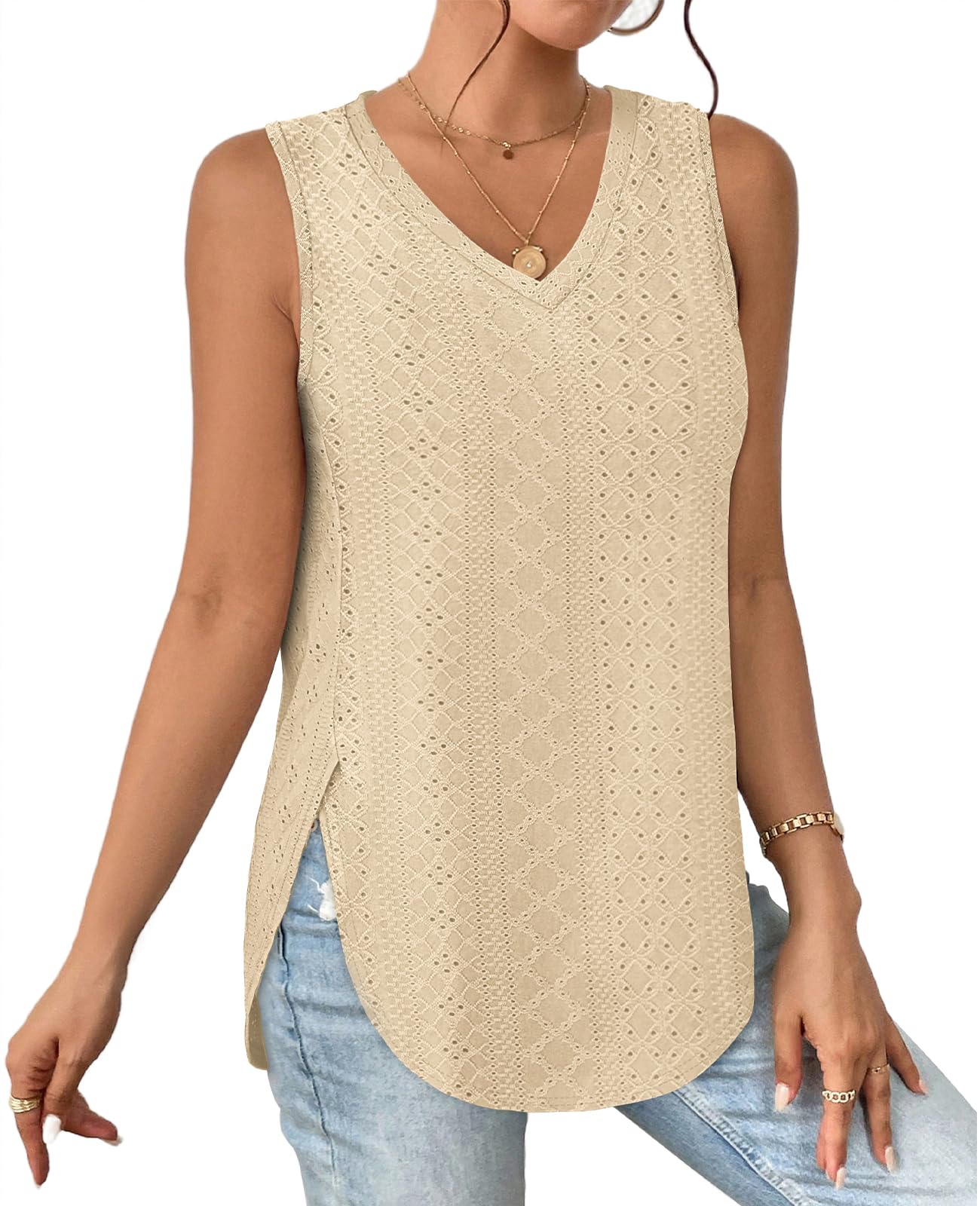 ✨ Womens V Neck Eyelet Embroidery Casaul Sleeveless Shirts