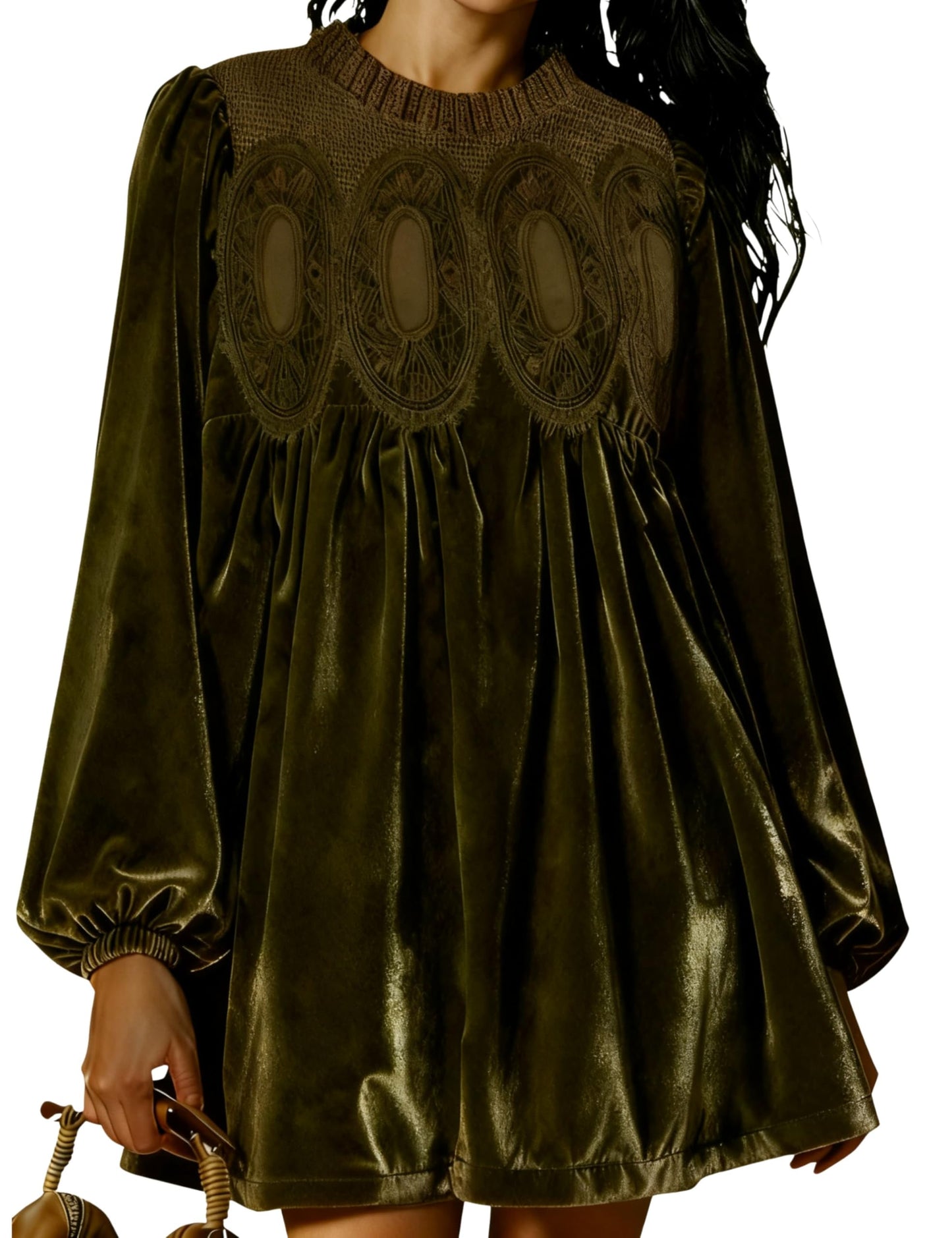 ⏰Hot Sale-Womens A-Line Velvet Lace Overall Pleated Babydoll Mini Dress