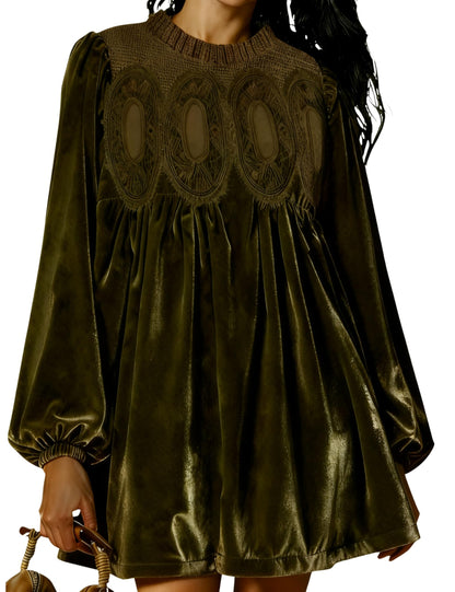 ⏰Hot Sale-Womens A-Line Velvet Lace Overall Pleated Babydoll Mini Dress