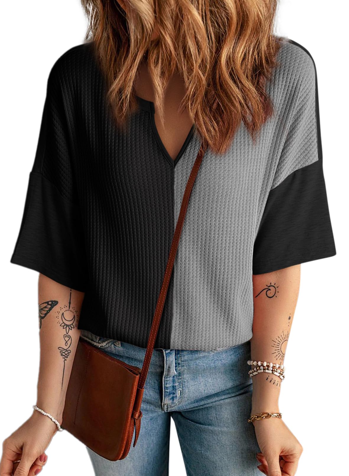 ✨Women's Half Sleeve Waffle Knit Casual V Neck Colorblock Patchwork Shirts