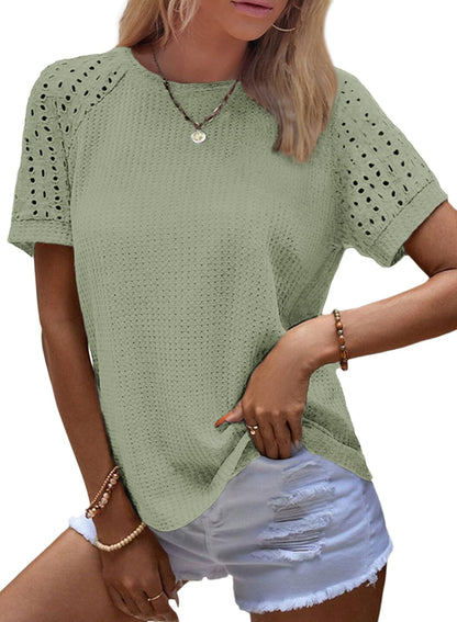 ✨Women's Casual Crew Neck Hollow Out Raglan Short Sleeve Waffle Knit Tops