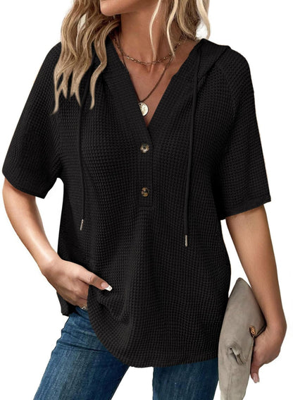 ✨Women's Waffle Knit Button V Neck Short Sleeve Lightweight Drawstring Hoodies(BUY 2 10% off)